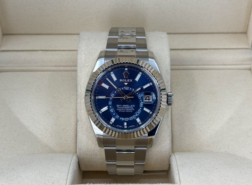 Rolex Sky-Dweller Stainless Steel Blue Index Dial Fluted White Gold Bezel Oyster Bracelet 326934 - Luxury Time NYC