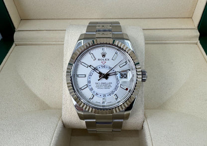 Rolex Sky-Dweller Stainless Steel White Index Dial Fluted White Gold Bezel Oyster Bracelet 326934 - Luxury Time NYC