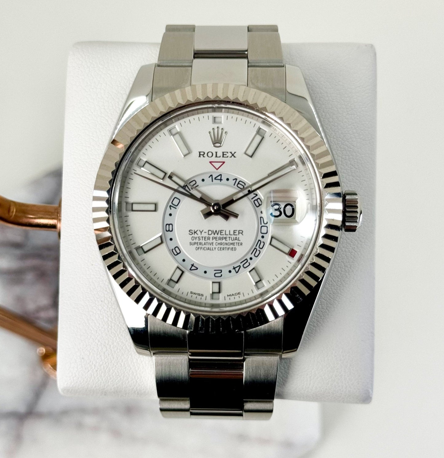 Rolex Sky-Dweller Stainless Steel White Index Dial Fluted White Gold Bezel Oyster Bracelet 326934 - Luxury Time NYC