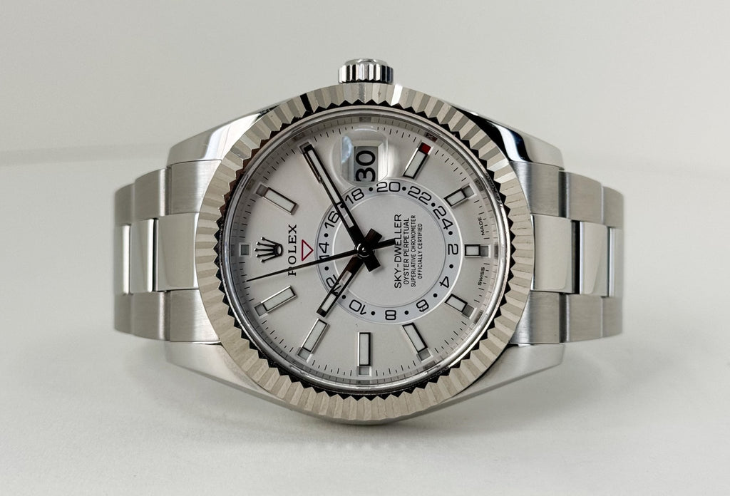 Rolex Sky-Dweller Stainless Steel White Index Dial Fluted White Gold Bezel Oyster Bracelet 326934 - Luxury Time NYC