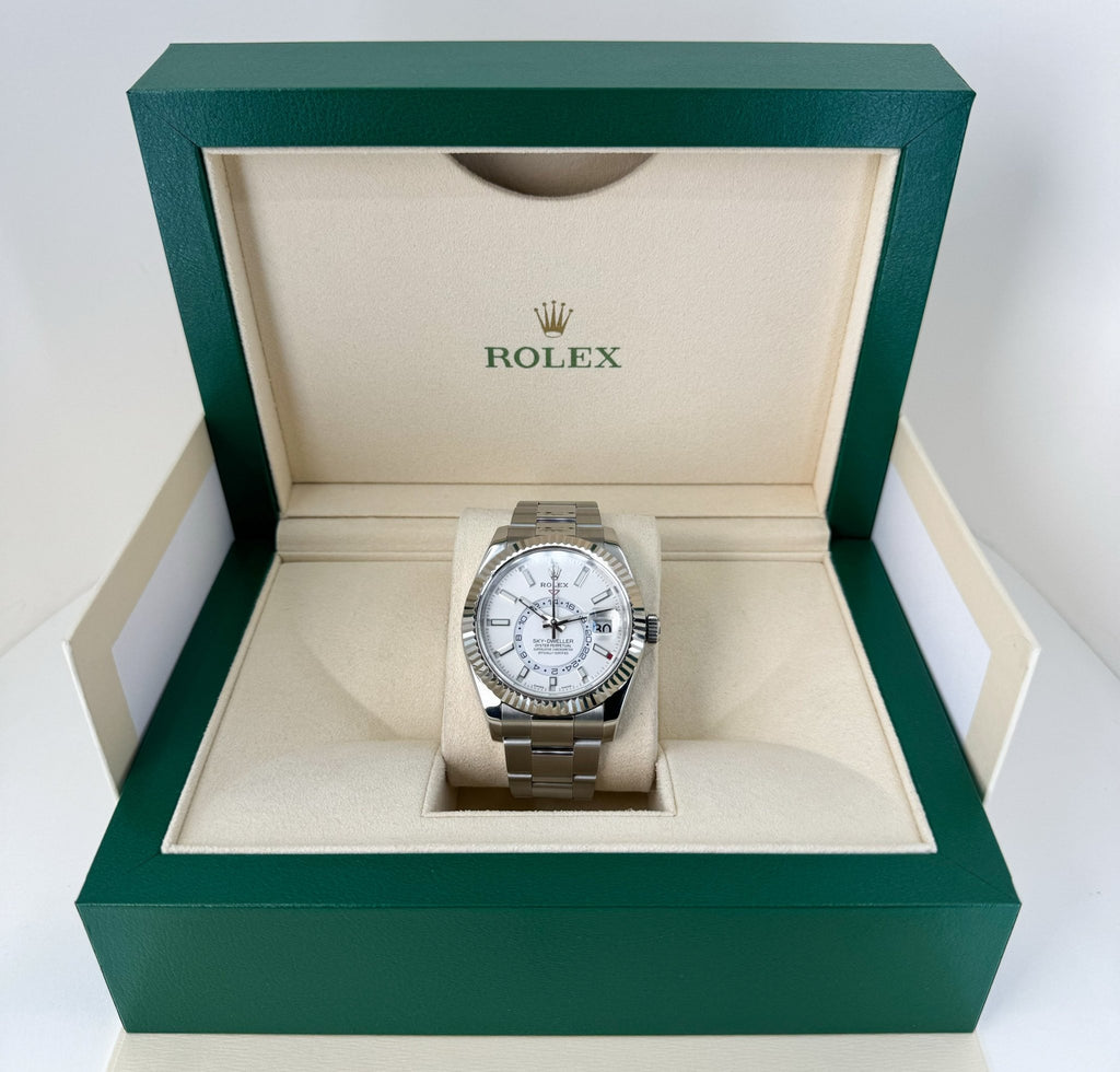 Rolex Sky-Dweller Stainless Steel White Index Dial Fluted White Gold Bezel Oyster Bracelet 326934 - Luxury Time NYC