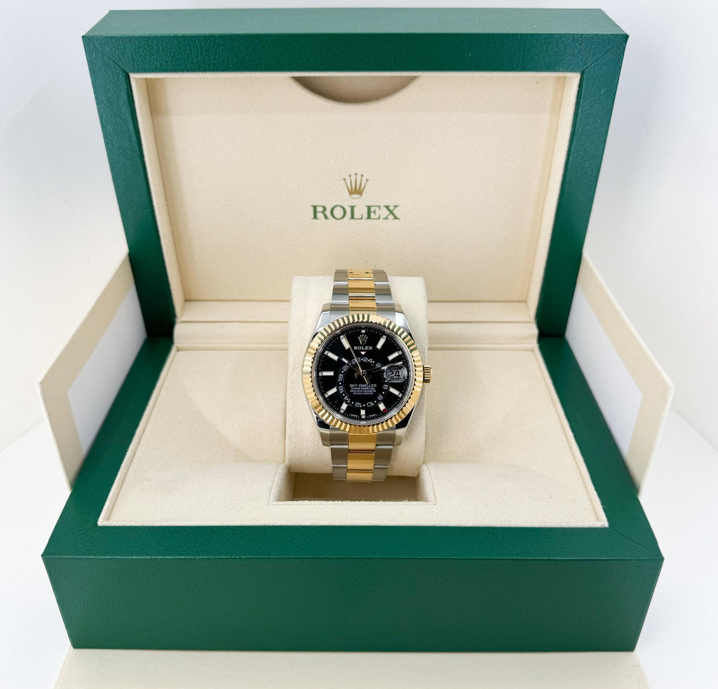 Rolex Sky-Dweller Yellow Gold/Steel Black Index Dial Fluted Bezel Oyster Bracelet 326933 - Luxury Time NYC