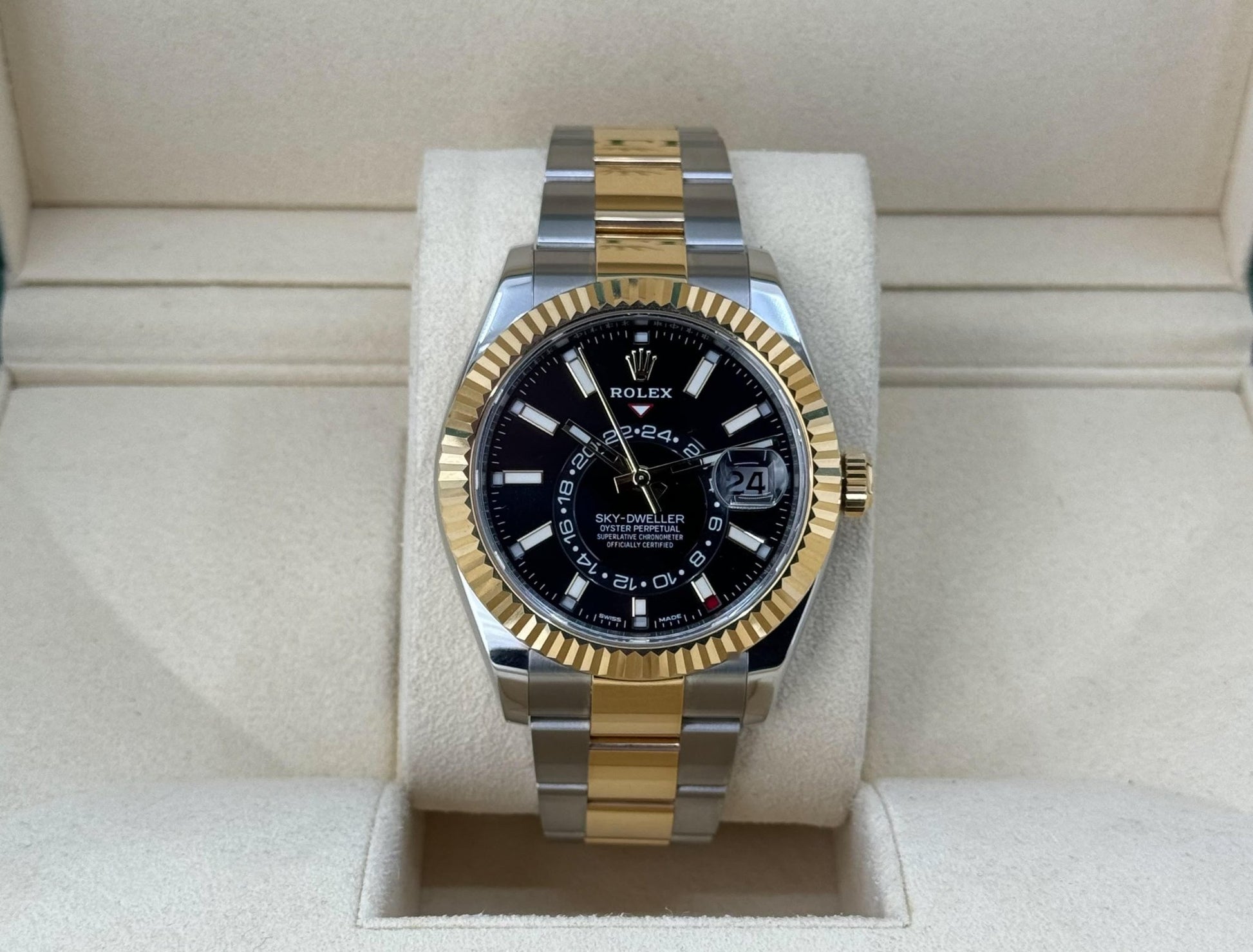 Rolex Sky-Dweller Yellow Gold/Steel Black Index Dial Fluted Bezel Oyster Bracelet 326933 - Luxury Time NYC