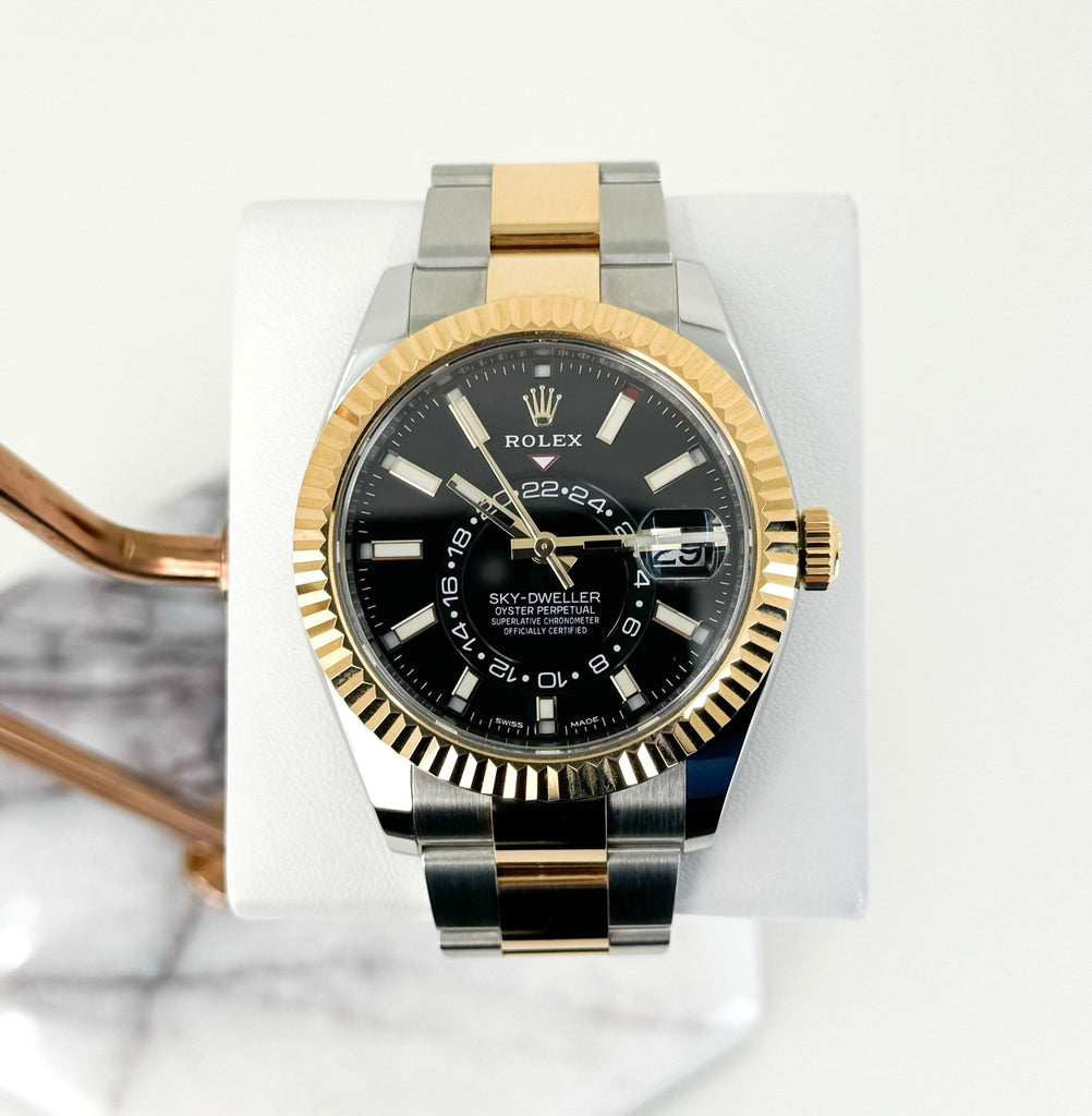 Rolex Sky-Dweller Yellow Gold/Steel Black Index Dial Fluted Bezel Oyster Bracelet 326933 - Luxury Time NYC