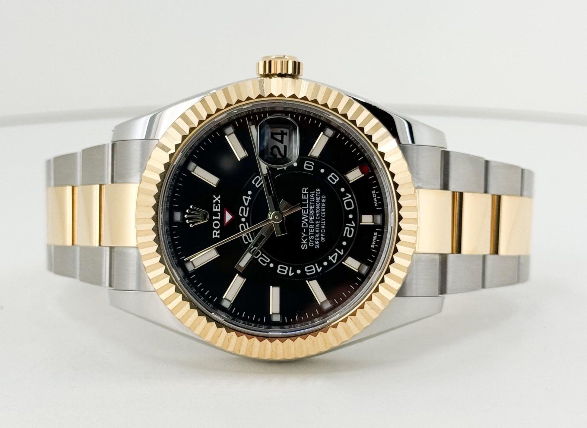 Rolex Sky-Dweller Yellow Gold/Steel Black Index Dial Fluted Bezel Oyster Bracelet 326933 - Luxury Time NYC