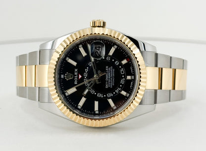 Rolex Sky-Dweller Yellow Gold/Steel Black Index Dial Fluted Bezel Oyster Bracelet 326933 - Luxury Time NYC
