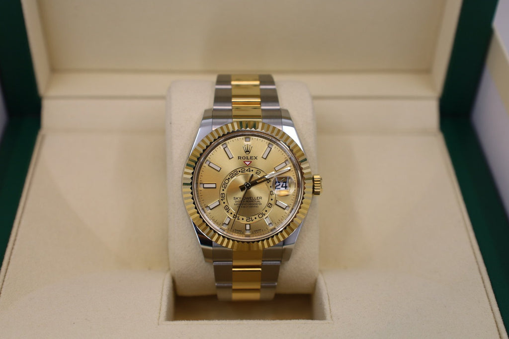Rolex Sky-Dweller Yellow Gold/Steel Champagne Index Dial Fluted Bezel Oyster Bracelet 326933 - Luxury Time NYC INC