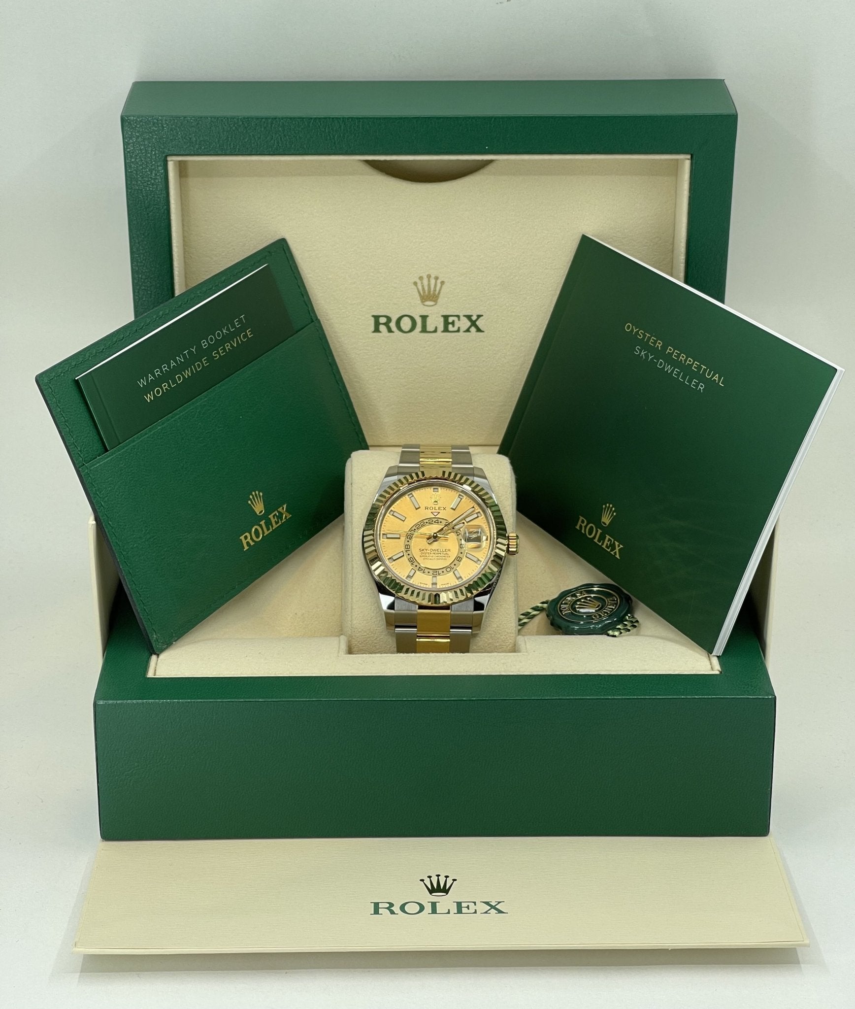 Rolex Sky-Dweller Yellow Gold/Steel Champagne Index Dial Fluted Bezel Oyster Bracelet 326933 - Luxury Time NYC INC