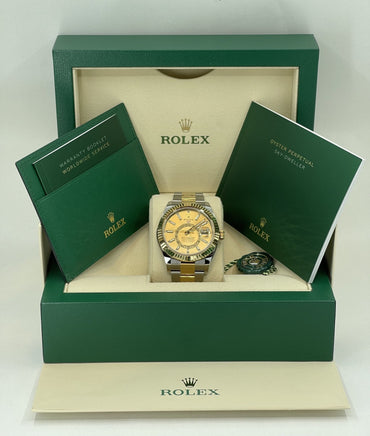 Rolex Sky-Dweller Yellow Gold/Steel Champagne Index Dial Fluted Bezel Oyster Bracelet 326933 - Luxury Time NYC INC