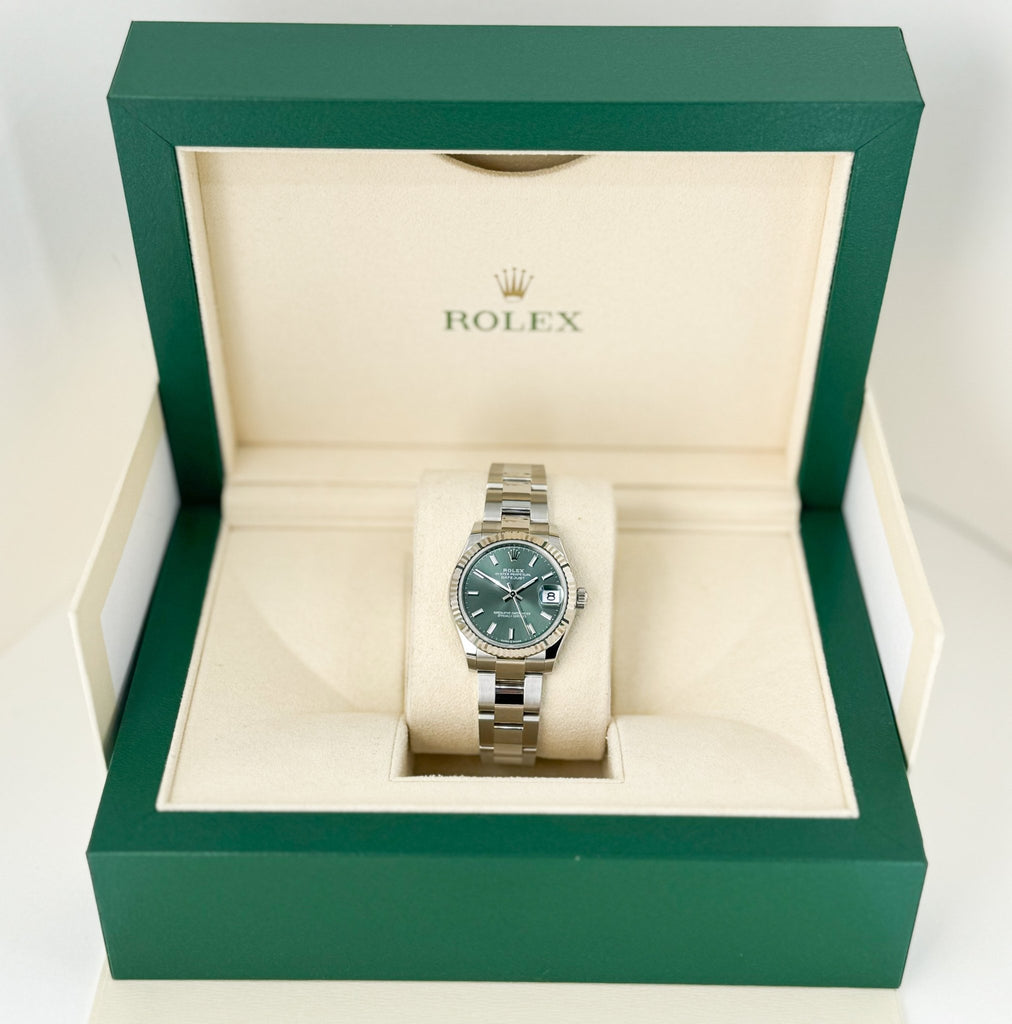 Rolex Steel and White Gold Datejust 31 Watch - Fluted Bezel - Mint Green Index Dial - Oyster Bracelet - 278274 mgio - Luxury Time NYC