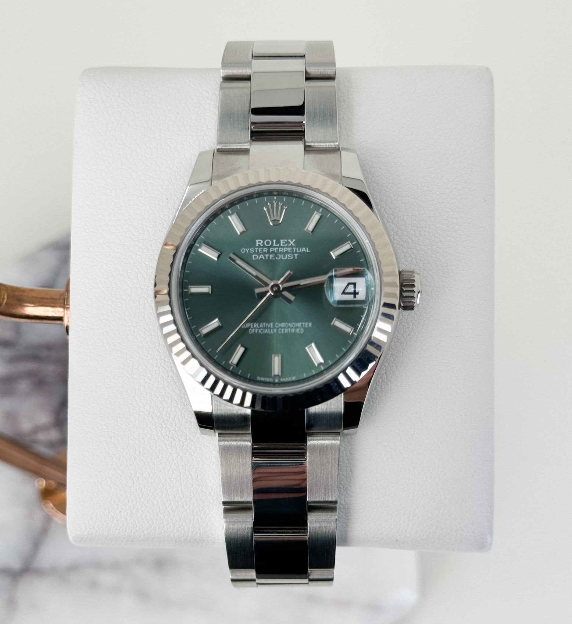 rolex steel and white gold datejust 31 watch fluted bezel mint green index dial oyster bracelet 278274 mgio