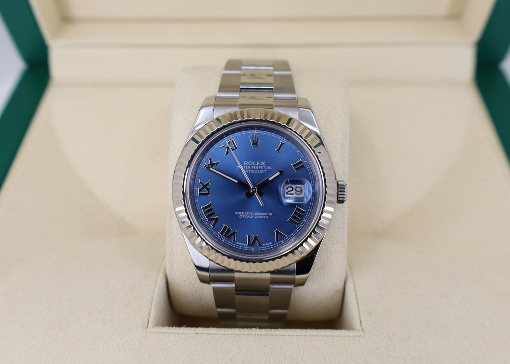 Rolex Steel and White Gold Rolesor Datejust 41 Watch - Fluted Bezel - Blue Roman Dial - Oyster Bracelet - 126334 blro - Luxury Time NYC