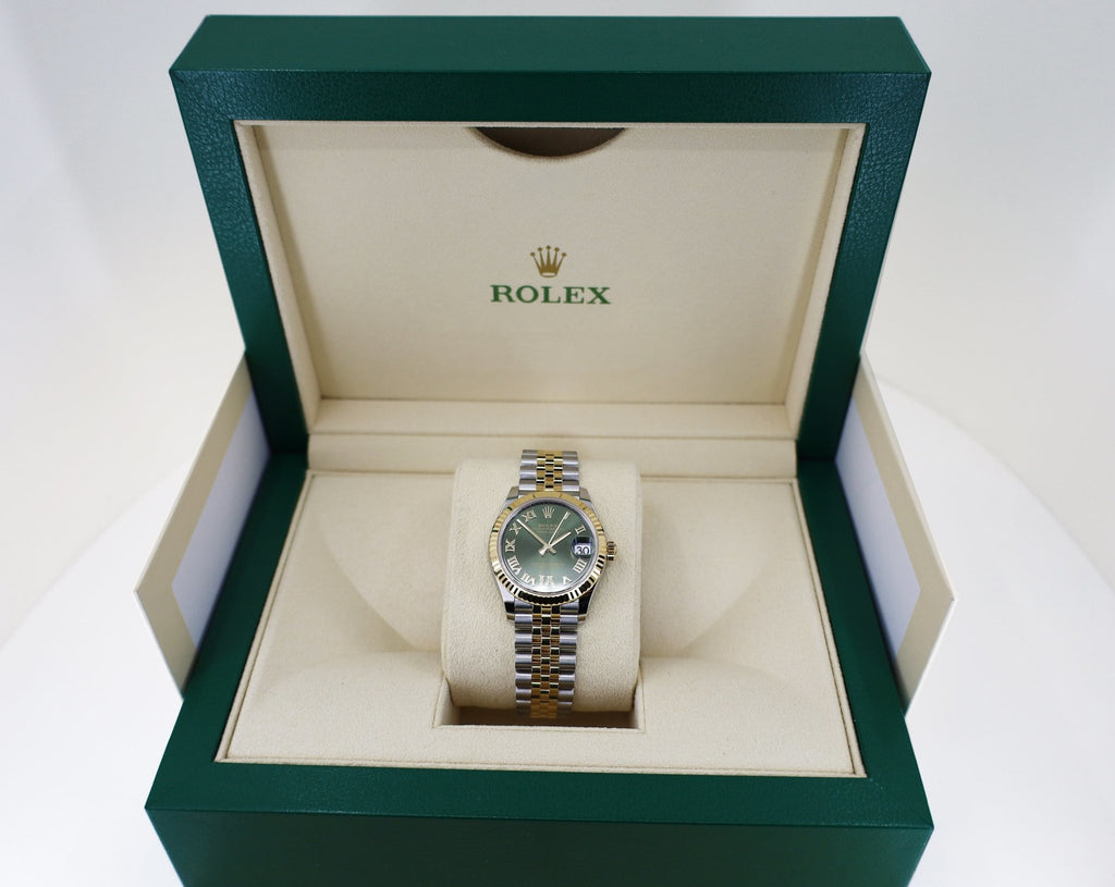 Rolex Steel and Yellow Gold Datejust 31 Watch - Fluted Bezel - Olive Green Diamond Roman Six Dial - Jubilee Bracelet - 278273 ogdr6j - Luxury Time NYC