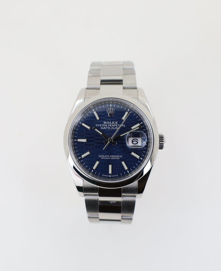 Rolex Steel Datejust 36 Watch - Domed Bezel - Blue Motif Index Dial - Oyster Bracelet - 126200 blio - Luxury Time NYC