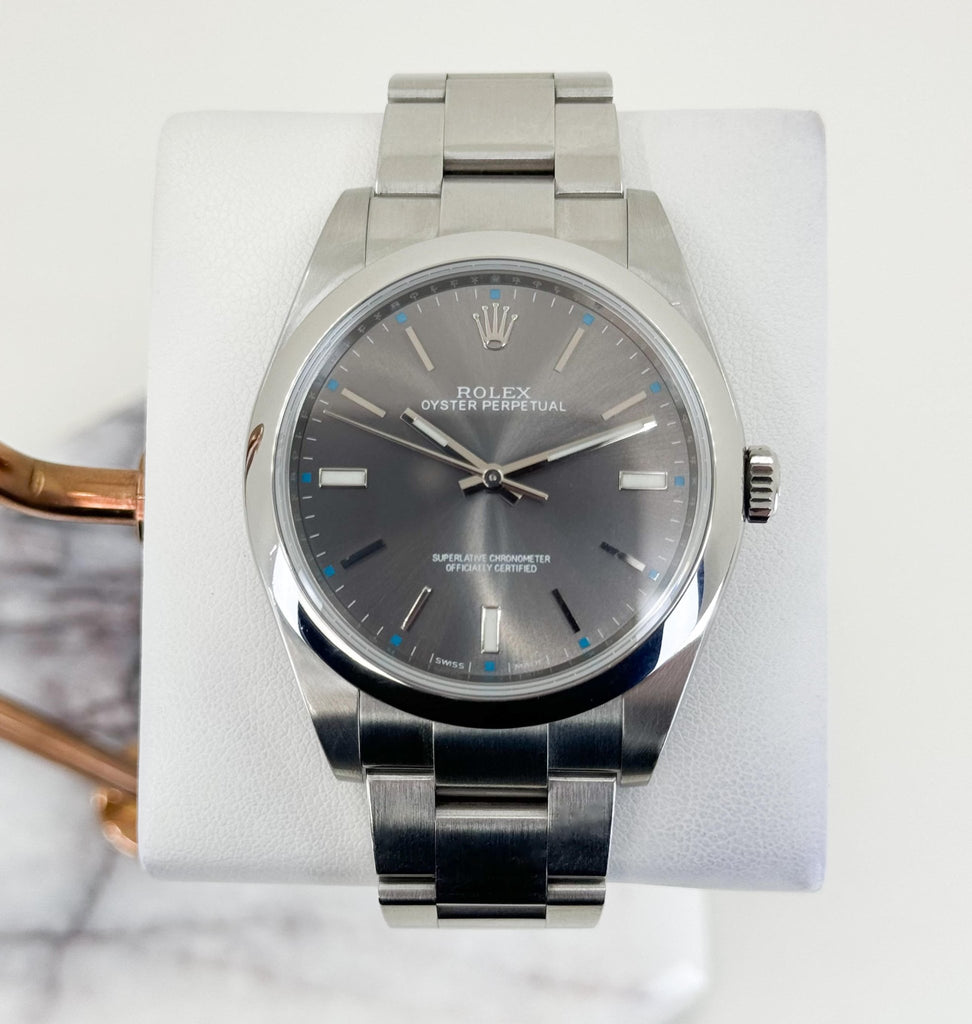 Rolex Steel Oyster Perpetual 39 Watch - Domed Bezel - Dark Rhodium Index Dial - 114300 drio - Luxury Time NYC