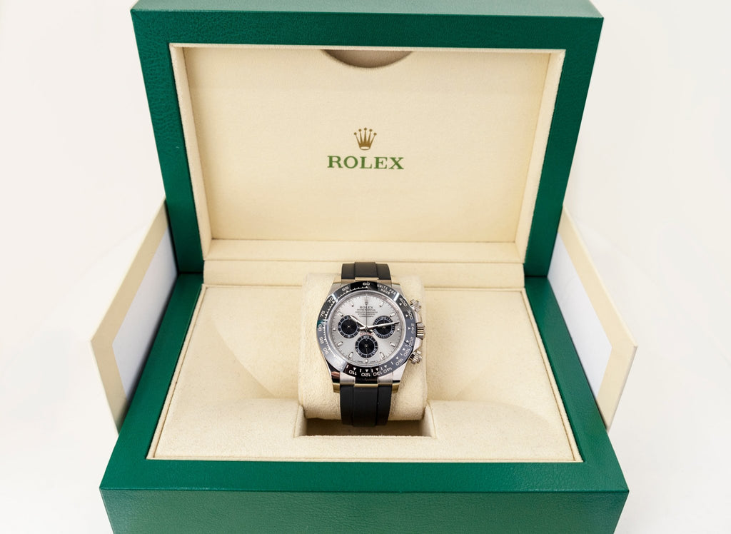 Rolex White Gold Cosmograph Daytona 40 Watch - Steel Index Dial - Black Oysterflex Strap - 116519LN stbkof - Luxury Time NYC