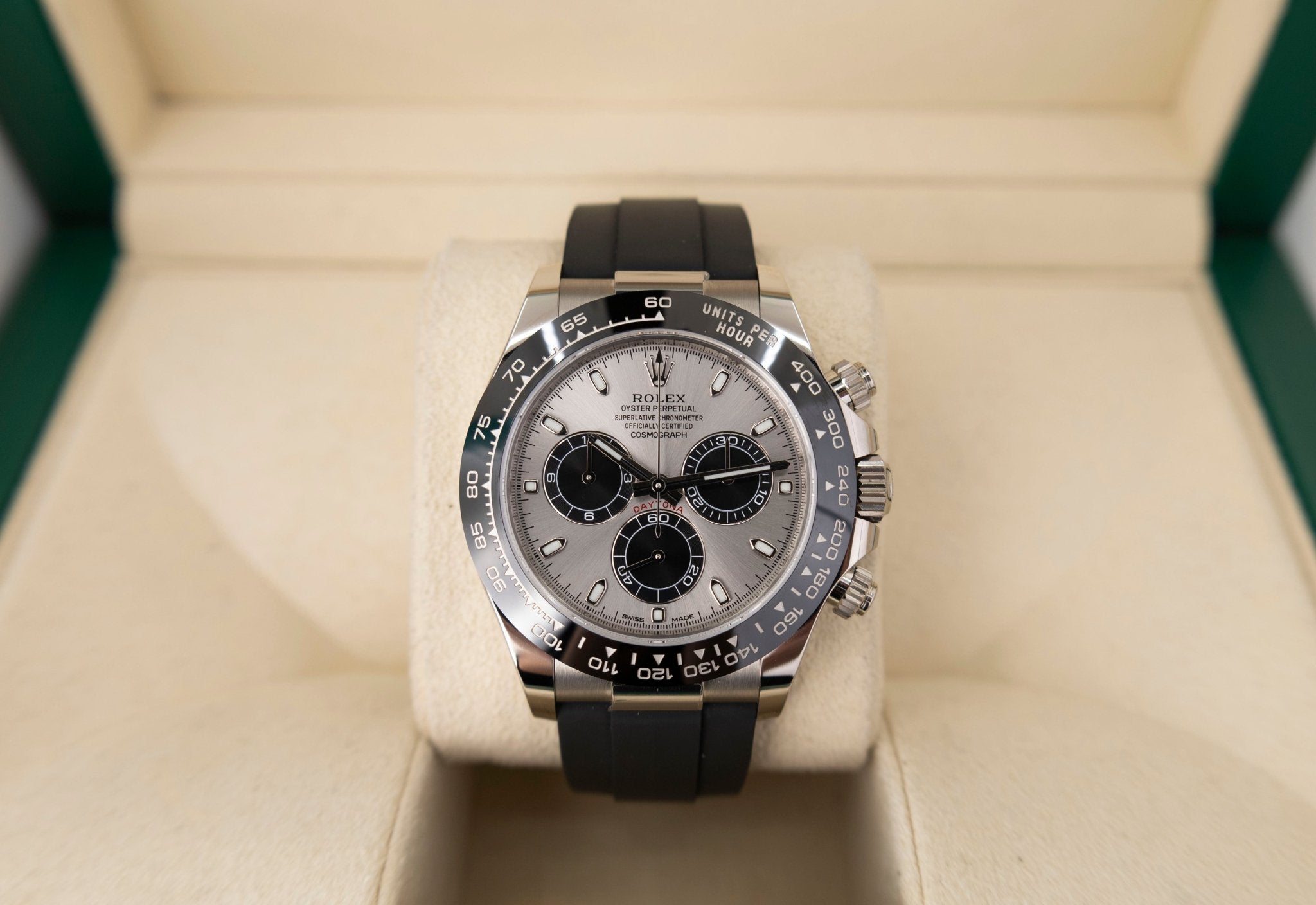 Verval Subjectief Piraat Rolex White Gold Cosmograph Daytona 40 Watch - Steel Index Dial - Blac –  Luxury Time NYC