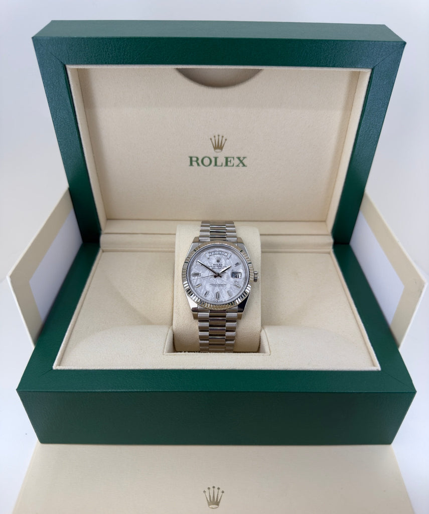Rolex White Gold Day-Date 40 Watch - Fluted Bezel - Meteorite Baguette Diamond Dial - President Bracelet - 228239 mtdp - Luxury Time NYC