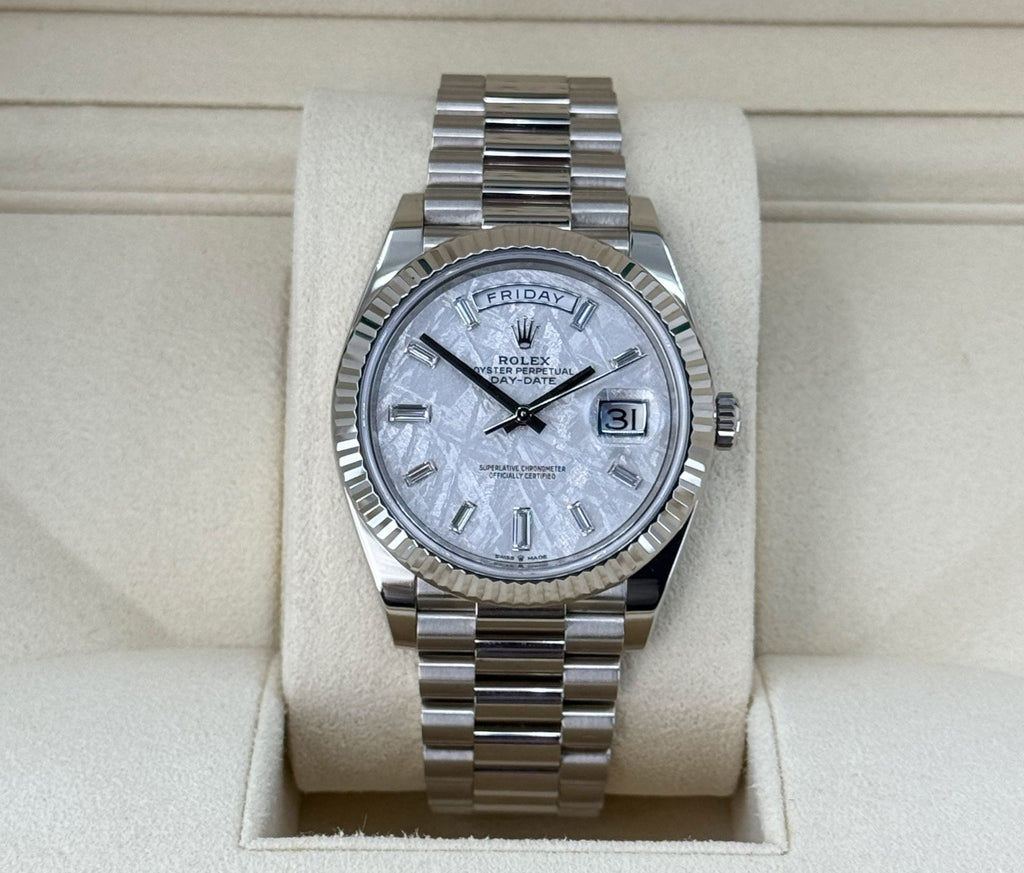 Rolex White Gold Day-Date 40 Watch - Fluted Bezel - Meteorite Baguette Diamond Dial - President Bracelet - 228239 mtdp - Luxury Time NYC