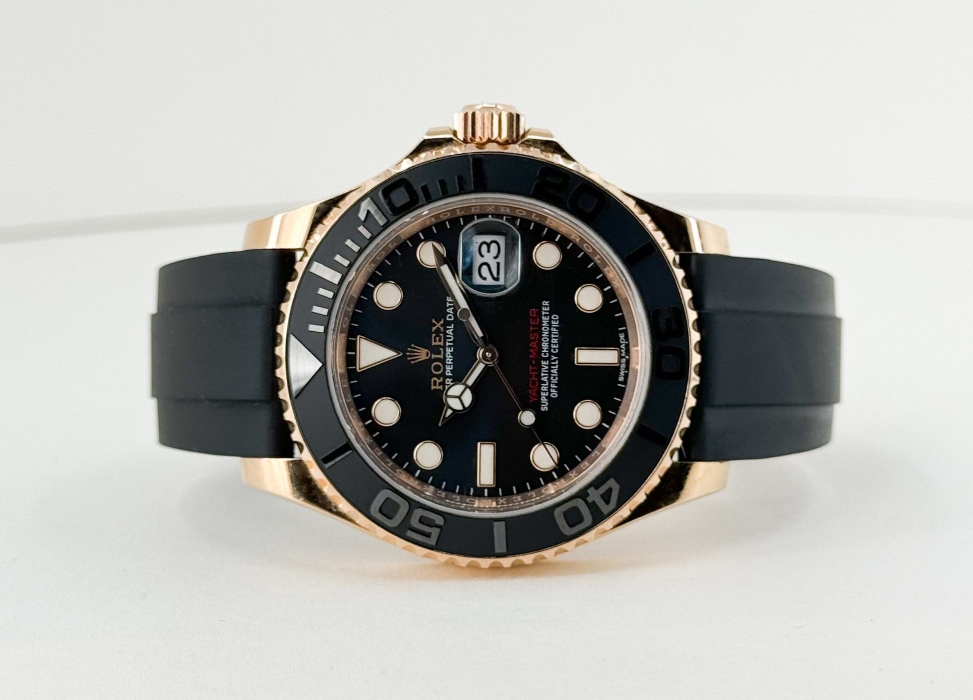 Rolex Yacht-Master 40 Rose Gold Everose 18k Black Dial Ceramic Bezel Oysterflex Rubber Bracelet 116655 - Luxury Time NYC