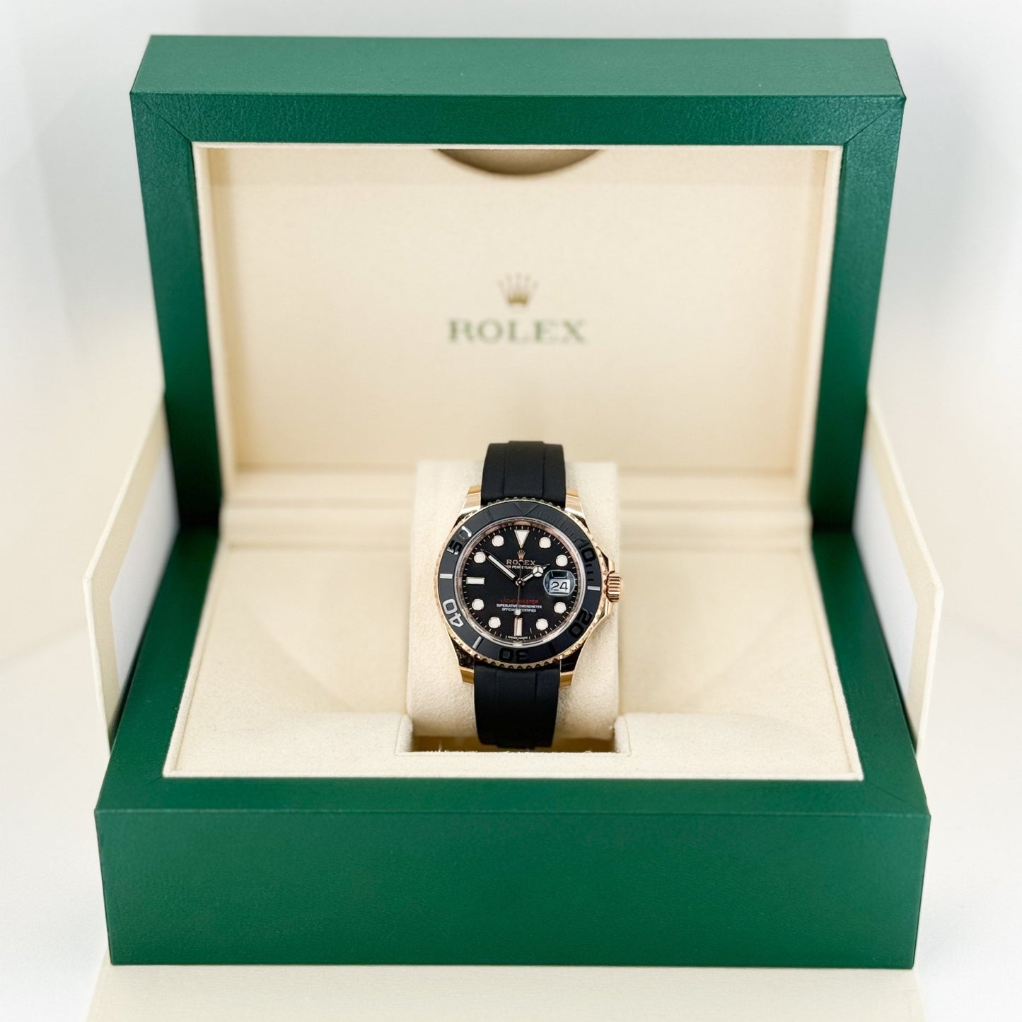 Rolex Yacht-Master 40 Rose Gold Everose 18k Black Dial Ceramic Bezel Oysterflex Rubber Bracelet 116655 - Luxury Time NYC