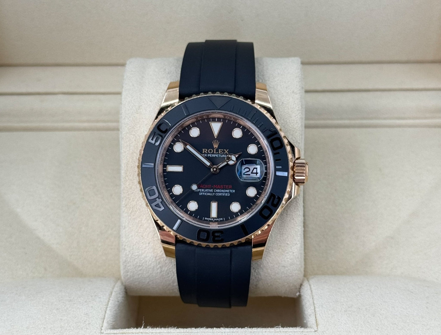 Rolex Yacht-Master 40 Rose Gold Everose 18k Black Dial Ceramic Bezel Oysterflex Rubber Bracelet 116655 - Luxury Time NYC