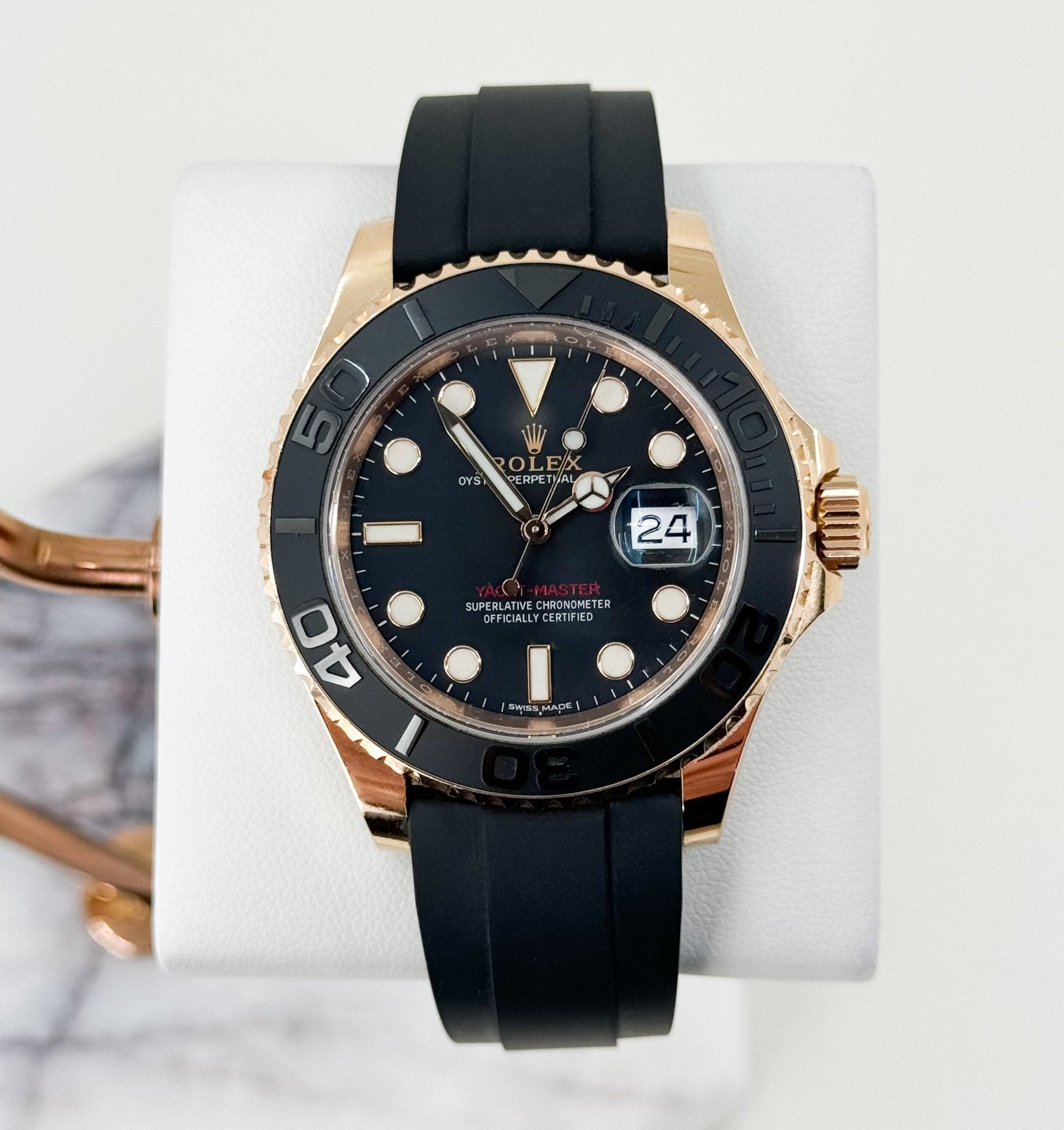 Rolex Yacht-Master 40 Rose Gold Everose 18k Black Dial Ceramic Bezel Oysterflex Rubber Bracelet 116655 - Luxury Time NYC