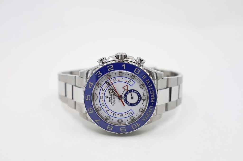 Rolex Yacht-Master II Stainless Steel White Dial Mercedes Hands Blue Ceramic Bezel 116680 - Luxury Time NYC INC
