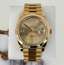 Load image into Gallery viewer, Rolex Yellow Gold Day-Date 40 Watch - Fluted Bezel - Champagne Baguette Diamond Dial - President Bracelet - 228238 chbdp - Luxury Time NYC