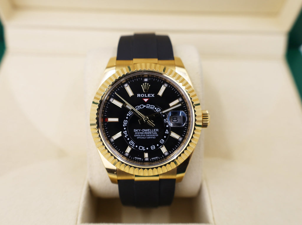 Rolex Yellow Gold Sky-Dweller Watch - Black Index Dial - Oysterflex Bracelet - 2020 Release - 326238 bki - Luxury Time NYC