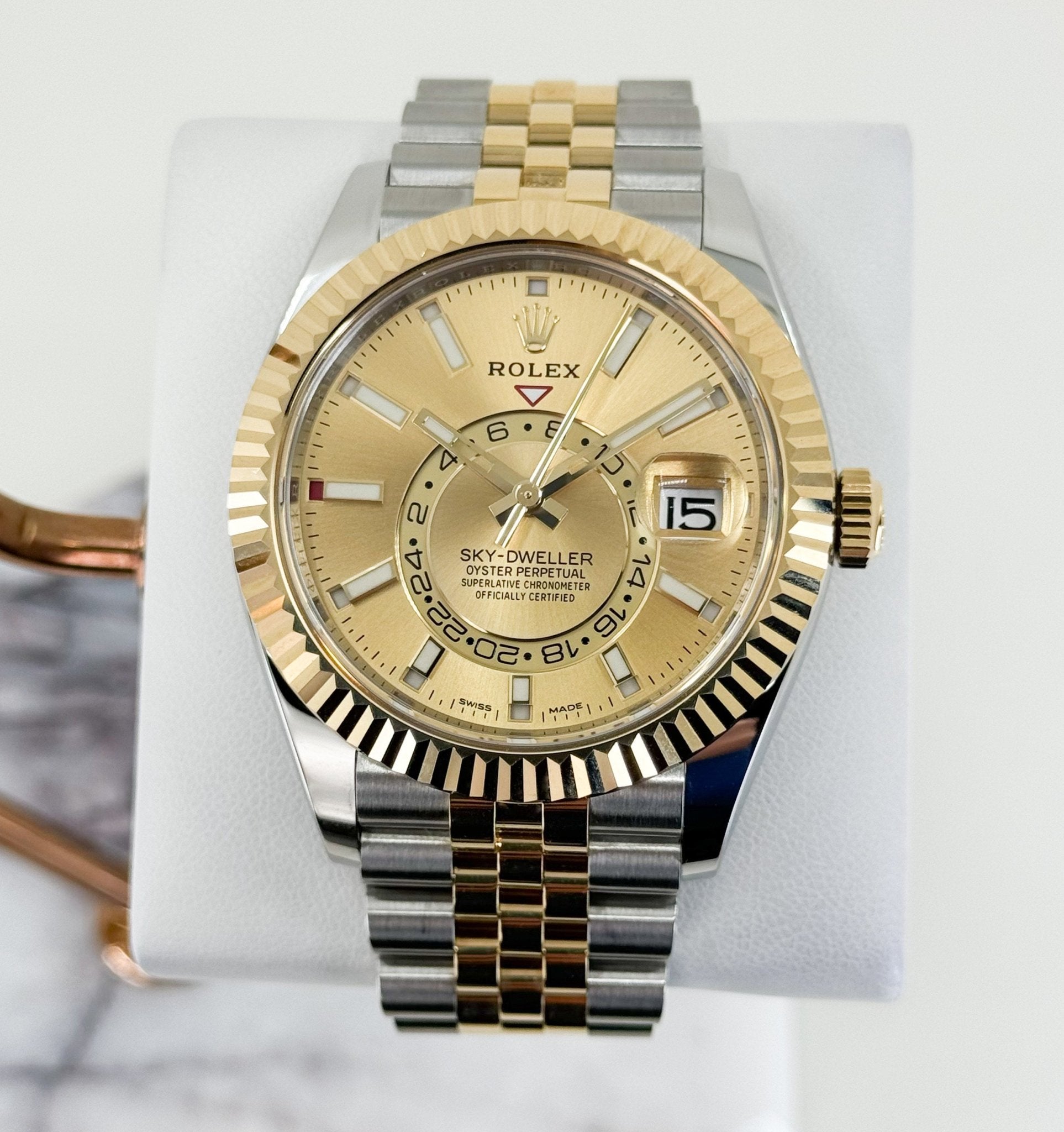 Rolex Yellow Rolesor Oyster Perpetual Sky-Dweller - Champagne Index Dial - Jubilee Bracelet - 326933 chij - Luxury Time NYC
